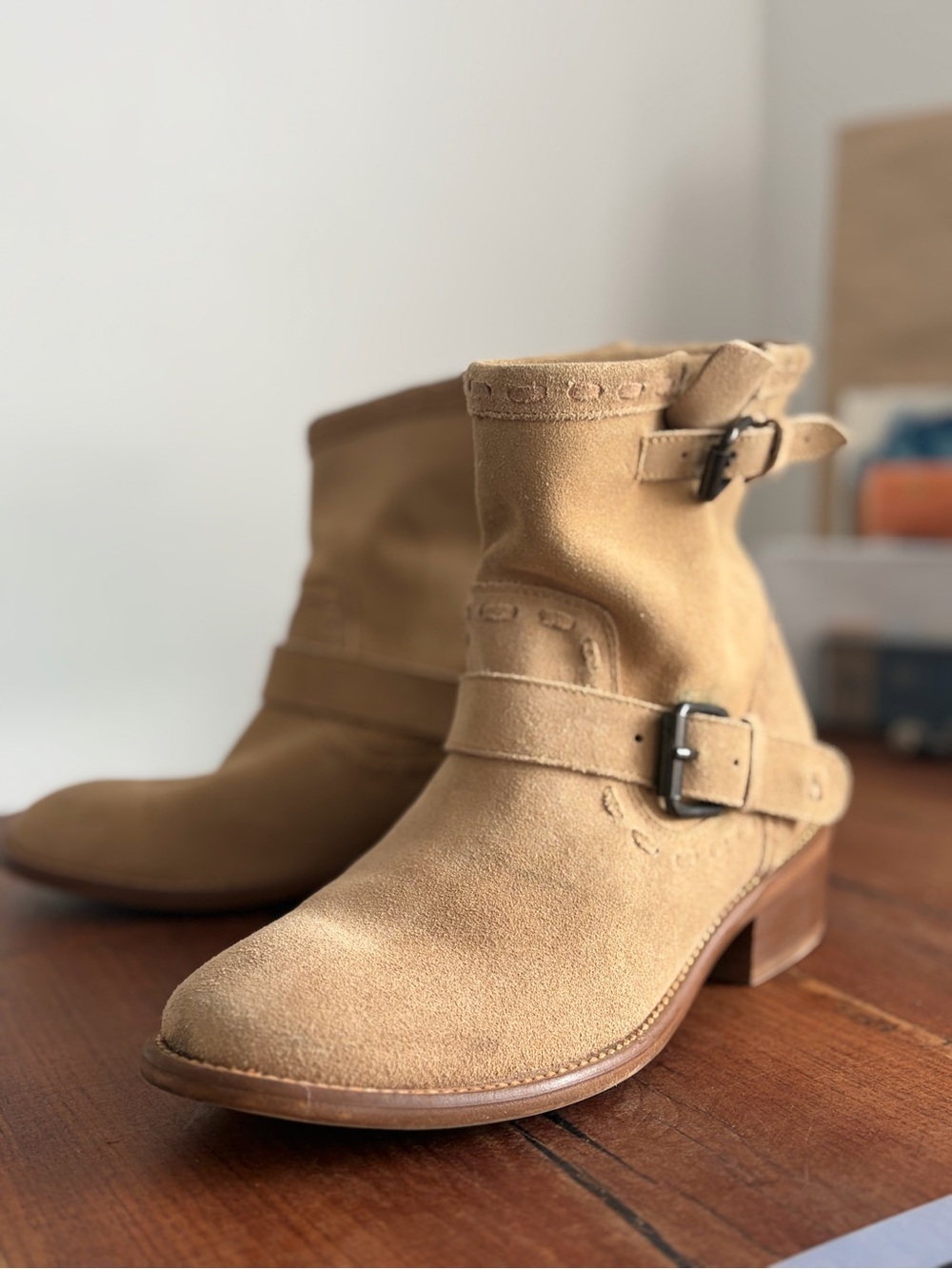 Women's Suede Ankle Booties with Buckle Accent - Tan